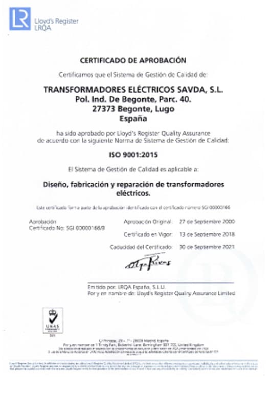 Certificados de Transformadores Eléctricos Savda, S.L.